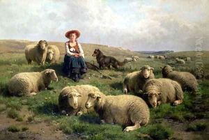 Shepherdess with Sheep in a Landscape by Cornelis van Leemputten