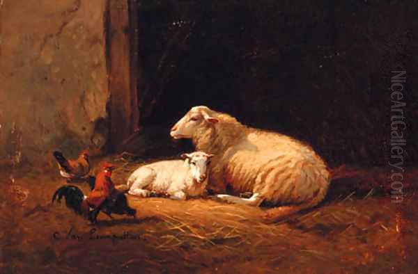 Sheep and Cockerels in a Farmyard - view 1