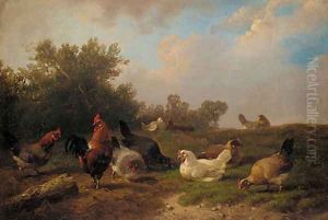 A cockerell and hens feeding by a tree-stump