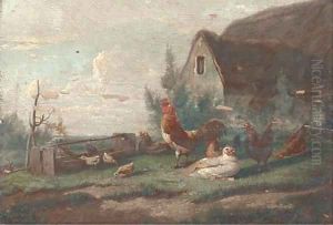 Chickens in a farmyard by Cornelis van Leemputten