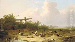 Landscape and poultry in a landscape by Cornelis van Leemputten