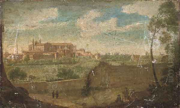 A wooded landscape with figures by a wall in the foreground and a view of the Basilica of St John Lateran, Rome beyond - view 1