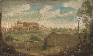 A wooded landscape with figures by a wall in the foreground and a view of the Basilica of St John Lateran, Rome beyond by Hendrik Frans van Lint (Studio Lo)