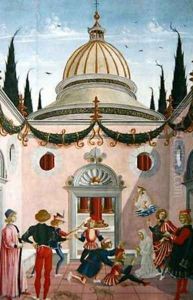 St Bernardino of Siena 1380-1444 saving a young man hit on the head with a shovel 1473