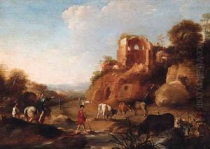 An Italianate landscape with drovers by a stream, classical ruins on a hill beyond by Dirck van der B Lisse