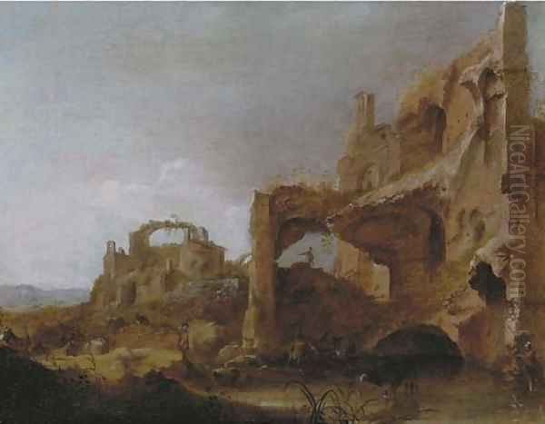 An Italianate landscape with herdsmen watering cattle among classical ruins - view 1