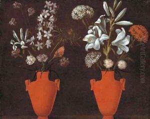 Two red vases with lilies by Jacopo Ligozzi