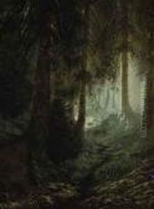 Deer In A Forest Landscape by Gustave Dore