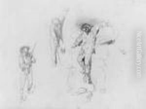 Studienblatt Mit Drei 
Figurlichen Motiven Zu "les Chasseurs". Unten Rechts Der Atelierstempel.
 Bleistift Auf Gelblichem Zeichenpapier (unter Glas Gerahmt). H 23; B 30
 Cm. Verso In Den Ecken Reste Fruherer Montierung. Provenienz: Aus Dem 
Nachlas De