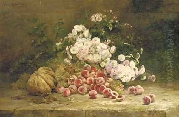 Summer flowers and fruit on a stone ledge - view 1