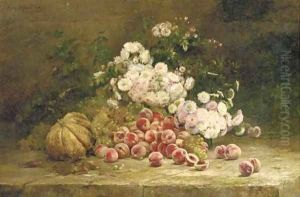 Summer flowers and fruit on a stone ledge