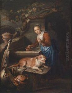 A Young Woman And A Dog By A Well by Gerrit Dou