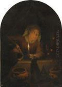 A Young Woman Watering Potted Plants By Candlelight by Gerrit Dou