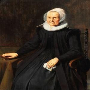 An Old Dignified Woman In A Black Dress With White Collar And Bonnet by Gerrit Dou