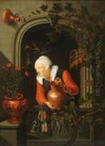 Woman Watering Plants In A Window Niche by Gerrit Dou