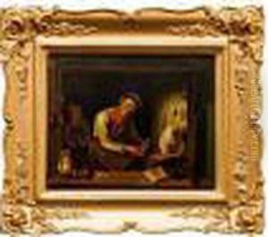 Carpenter Working On A Drawer And His Young Assistant Close By In A Candle Lit Room