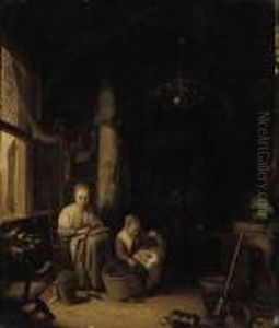 A Young Mother With Her Children In An Interior by Gerrit Dou