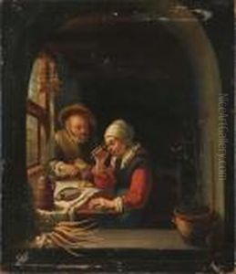 Blick Durch Einen Fensterbogen In Eine Kuche Mit Speisendem Paar An Dem Gedeckten Tisch by Gerrit Dou