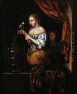 A Lady Feeding A Parrot