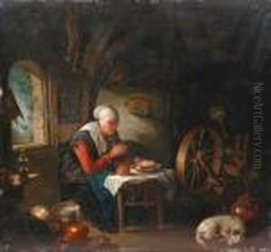 Interior, A Woman Saying Grace
Before Eating, Spinning Wheel, Pots,basket And A Sleeping Dog, An Open
Window To The Left by Gerrit Dou