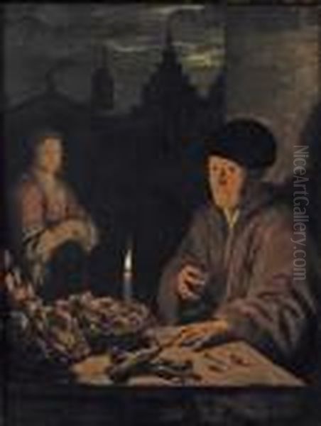 A Woman Selling Fish And Vegetables By Candle Light - view 1