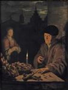 A Woman Selling Fish And Vegetables By Candle Light by Gerrit Dou