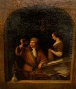 A Gentleman Seated By A Window 
With A Writing Slope Examining A Flask Of Liquid A Young Woman In 
Attendance