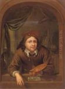 Portrait Of Gerard Dou Leaning From His Studio Window, Brushes And Palet In His Hand by Gerrit Dou
