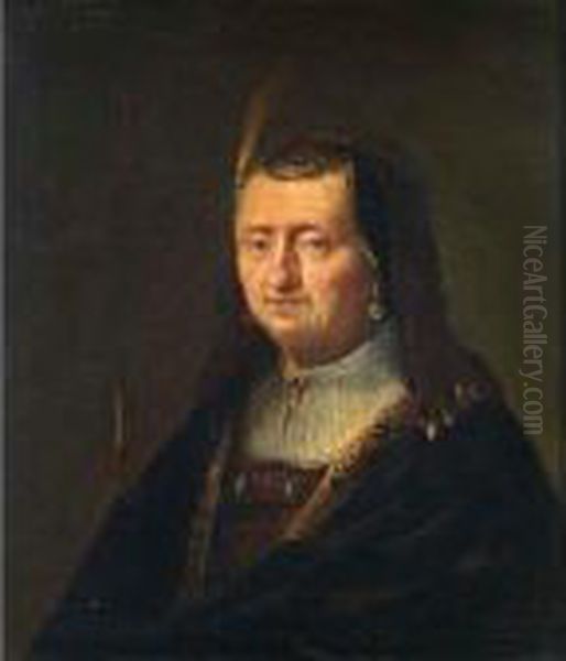 A Tronie Of An Elderly Woman,
Bust Length, Wearing A Red Dress, White Chemise And A Black And Gilt
Embroidered Cloak, And A Phantasy Head Dress - view 1