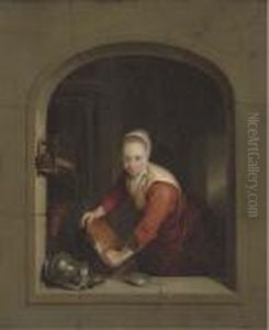 A Girl Washing Pans At A Casement