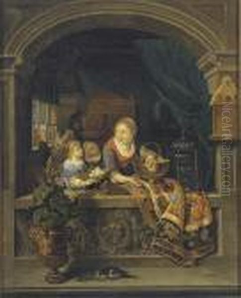 Woman Standing In A Stone Niche
Holding A Copper Bowl With Peaches Two Girls With A Basket Of Eggs
Beside Her - view 1