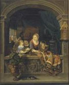Woman Standing In A Stone Niche 
Holding A Copper Bowl With Peaches Two Girls With A Basket Of Eggs 
Beside Her
