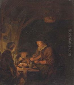 An Old Woman And Two Children Eating By Candlelight In An Interior by Gerrit Dou