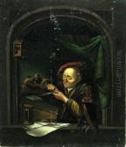 A Scholar Sharpening His Quill Pen At A Window