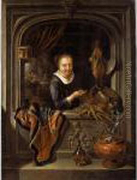 A Girl In A Stone Archway Holding Up A Pheasant - view 1