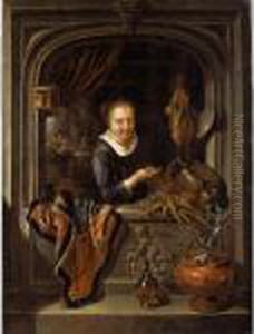 A Girl In A Stone Archway Holding Up A Pheasant