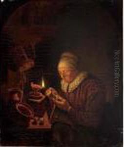 An Elderly Lady Mending A Spool By Candle Light