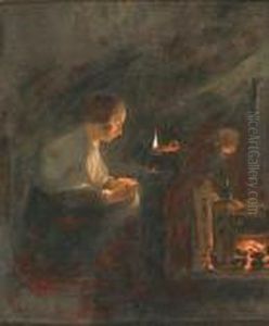 Woman Sewing By Candlelight by Gerrit Dou