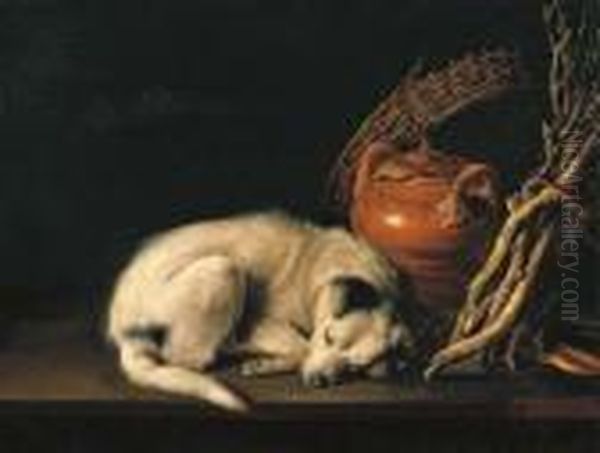 A Sleeping Dog Beside A
Terracotta Jug, A Basket, A Pair Of Clogsand A Pile Of Kindling Wood - view 1