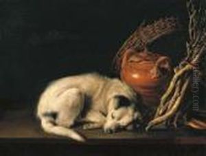 A Sleeping Dog Beside A 
Terracotta Jug, A Basket, A Pair Of Clogsand A Pile Of Kindling Wood by Gerrit Dou