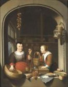 A Shop-keeper And A Maid Seen Through A Casement A Shop-keeper And A Maid Seen Through A Casement