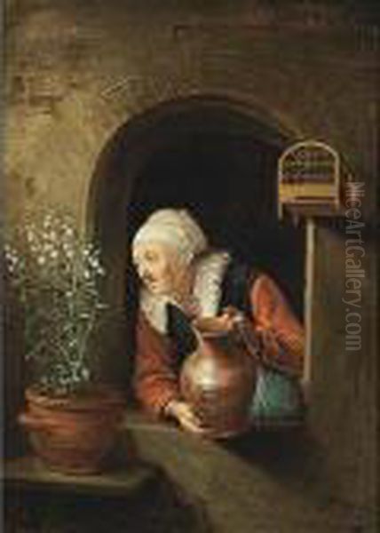 A Woman Watering A Flower In A Window - view 1