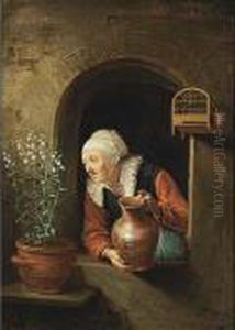 A Woman Watering A Flower In A Window by Gerrit Dou
