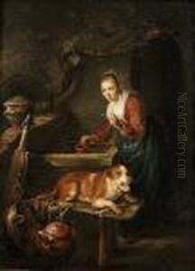 A Young Woman Drawing Water From A Well With A Dog On A Bench Beside Her by Gerrit Dou
