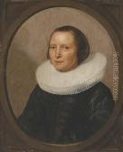 Portrait Of A Lady, Bust-length,
 In A Black Velvet Dress With Awhite Ruff, In A Feigned Oval - view 1