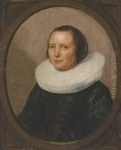 Portrait Of A Lady, Bust-length,
In A Black Velvet Dress With Awhite Ruff, In A Feigned Oval by Gerrit Dou