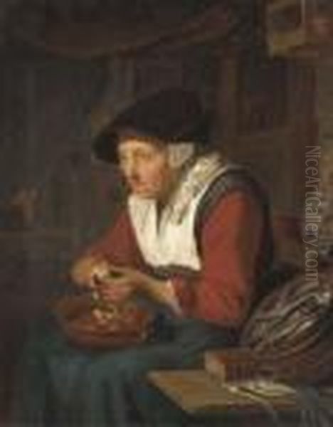 An Old Woman Peeling Apples In A Kitchen Interior - view 1