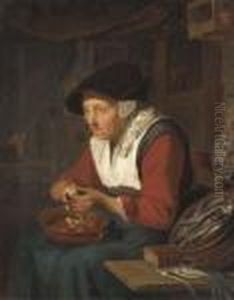 An Old Woman Peeling Apples In A Kitchen Interior by Gerrit Dou