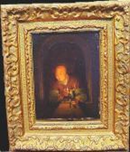 Woman With Lamp At Window - view 1
