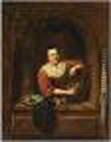 A Young Woman Selling Apples In A Stone Window - view 1